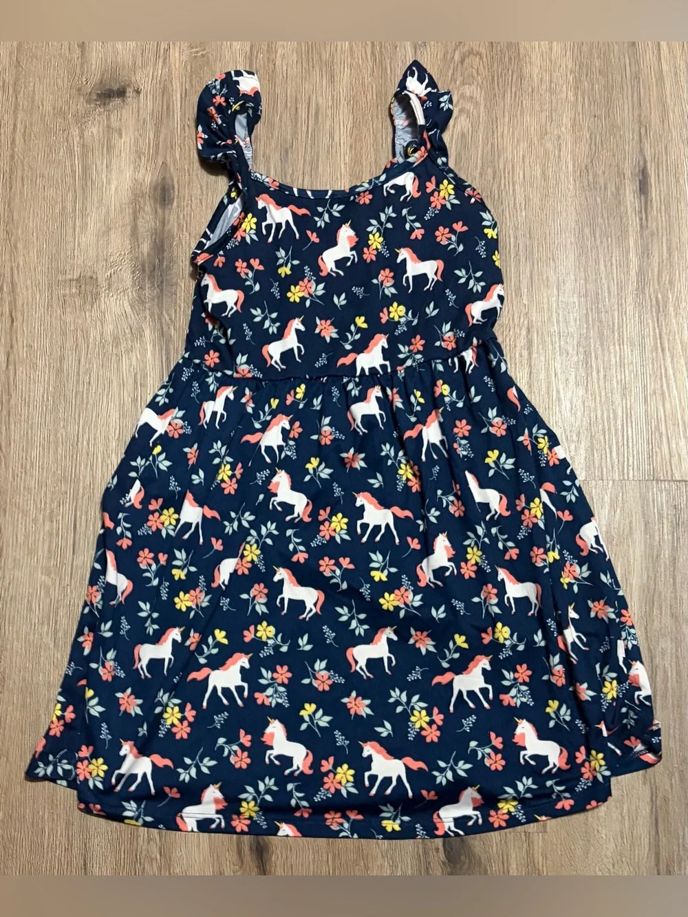 Member’s Mark - Yummy Dress - Navy with Unicorn and Floral Print   Size 7